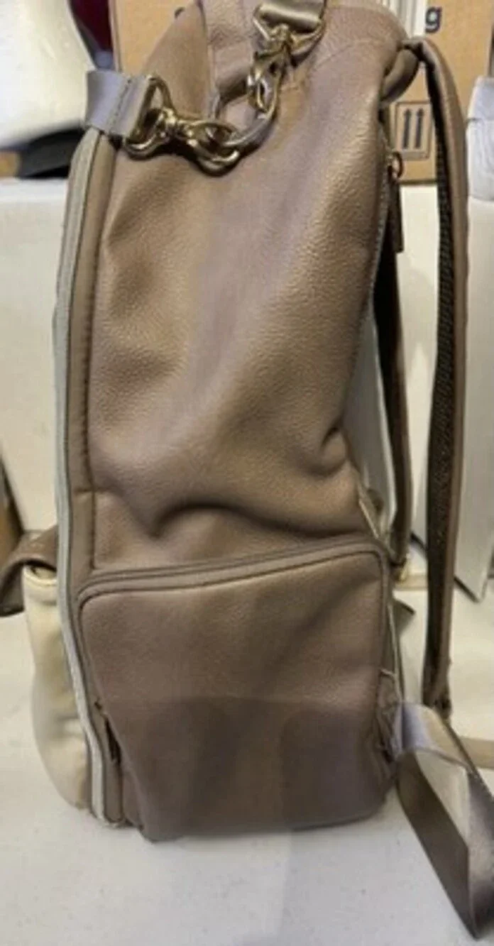 Itzy Ritzy Taupe Cream Faux Leather Chevron Diaper Backpack Bag with Pockets